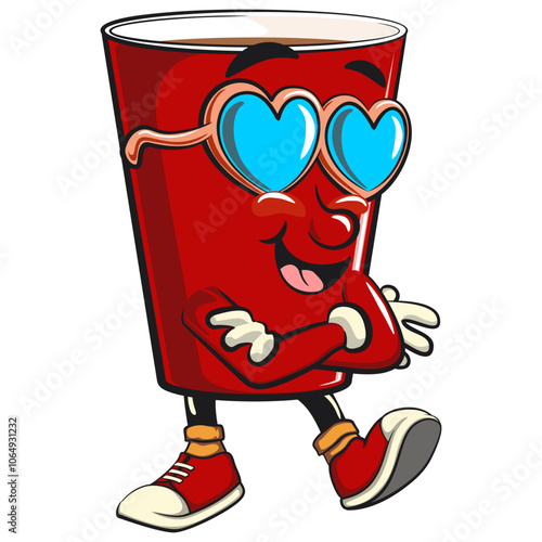 Red cup beer pong cartoon mascot character icon wearing heart shaped beach sunglasses, work of hand drawn