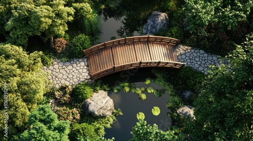 A top-down view of a garden bridge spanning a small pond, with a clear view of its design. The focus is on the garden bridge functionality and aesthetics. photo