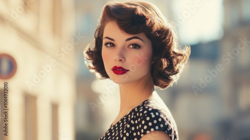 a fashionable retro-style woman in a classic 40s swing dress, complete with red lipstick and a pin curl hairstyle, exuding timeless charm and sophistication. photo