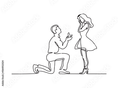 Continuous line drawing. Vector illustration. Man kneeling offering engagement ring and woman surprised silhouette isolated on white background highly detailed.

