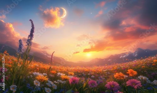 Flowers bloom under a crescent moon and setting sun.