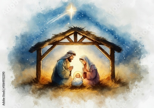 Joseph and mary are praying in front of baby jesus in a manger with straw under a shining star, a watercolor christmas nativity scene