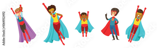 Woman with Kid Superhero Character in Costume and Cloak Vector Set