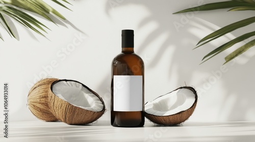 A coconut oil bottle features a plain design on a smooth white countertop beside open coconuts