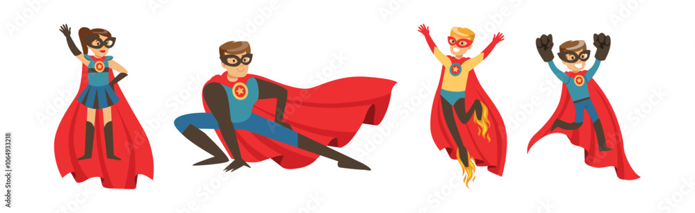 Man with Kid Superhero Character in Costume and Cloak Vector Set Man with Kid Superhero Character in Costume and Cloak Vector Set
