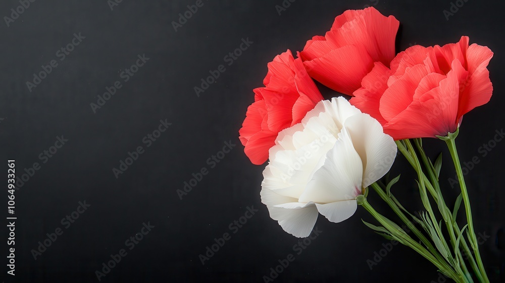Floral Grace on Charcoal Canvas: A cluster of vibrant red and pristine white flowers arranged elegantly against a dark backdrop. Floral Grace on Charcoal Canvas: A cluster of vibrant red and pristine white flowers arranged elegantly against a dark backdrop.