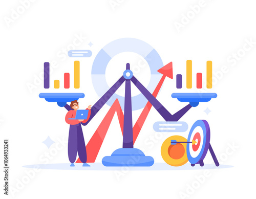 benchmarking concept. weighing and comparing business data. analyzing business performance and development. illustration of a businessman with scales. flat style design. elements