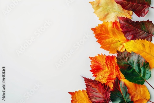 Colorful autumn leaves on a white background with copy space for text. An autumn concept in a top view flat lay. photo