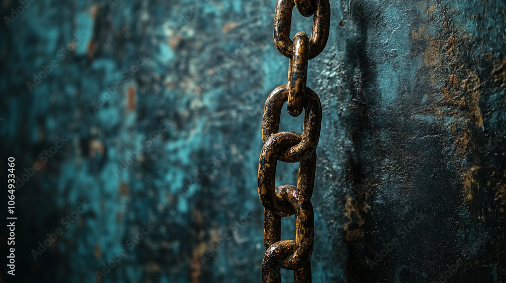 Close-up of rusty chain hanging against weathered blue metal background