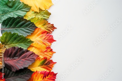 Colorful autumn leaves on a white background with copy space for text. An autumn concept in a top view flat lay. photo