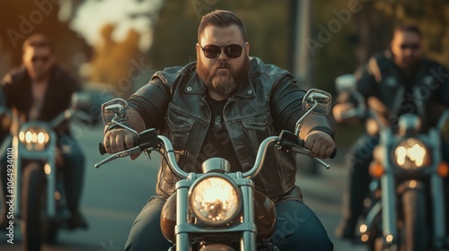 a group of biker man, bulky clothes. riding on a common American big street.