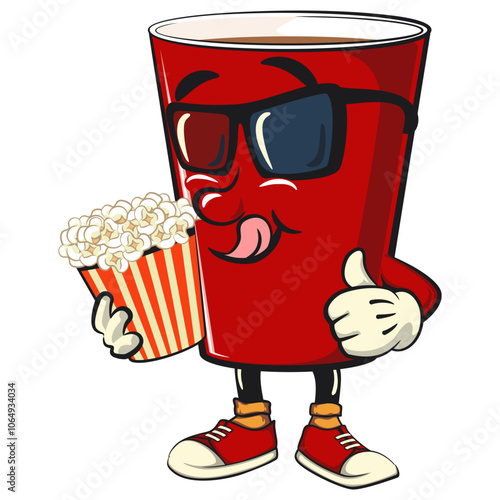 Red cup beer pong cartoon mascot character icon brought a bucket of popcorn with wearing 3d glasses, work of hand drawn