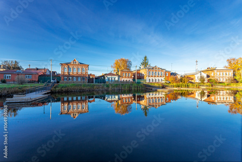 Bogorodsk, Nizhny Novgorod region, Russia, Street view of an ancient provincial Russian city on the shore of a lake on a summer evening. An ancient building of artisans, an architectural monument.