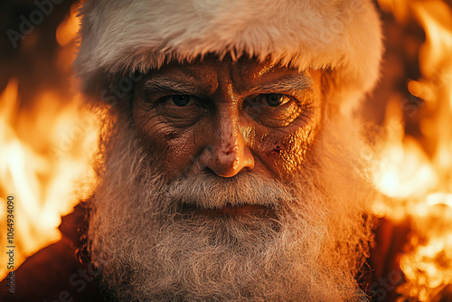 Generative AI image of horror-themed Santa Claus beyond burning fmale portraying a terrifying Christmas character photo