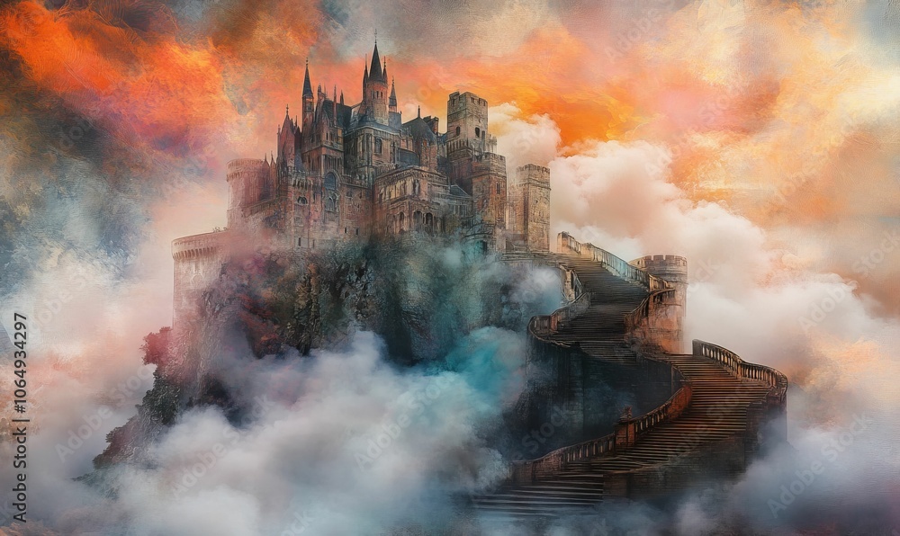 Fototapeta premium Stone castle on cliff with cloudy sky.