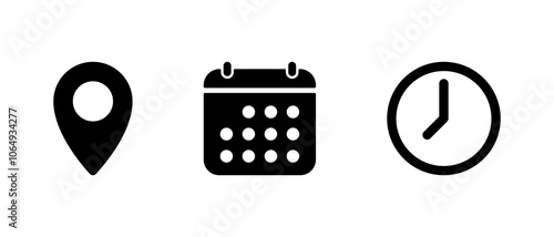 Address, date, and time icon in generic style. Location marker, calendar, and clock sign symbol. Event elements design