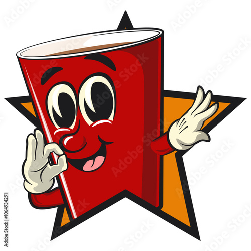 Red cup beer pong cartoon mascot character icon out from of a star by giving an OK sign, work of hand drawn