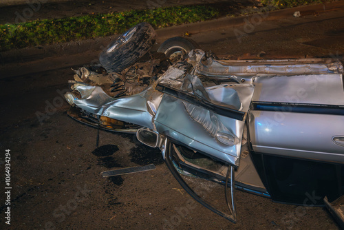 Severe damage to the car. Night accident. Close-up. The car turned over on the road. Close-up. Details. Lost control.