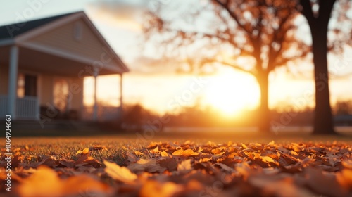 Wallpaper Mural Autumn Sunset Home: Warm autumn leaves in the foreground, a cozy house, and a vibrant sunset create a serene autumnal scene. Perfect for real estate, home, and seasonal themes.  Torontodigital.ca