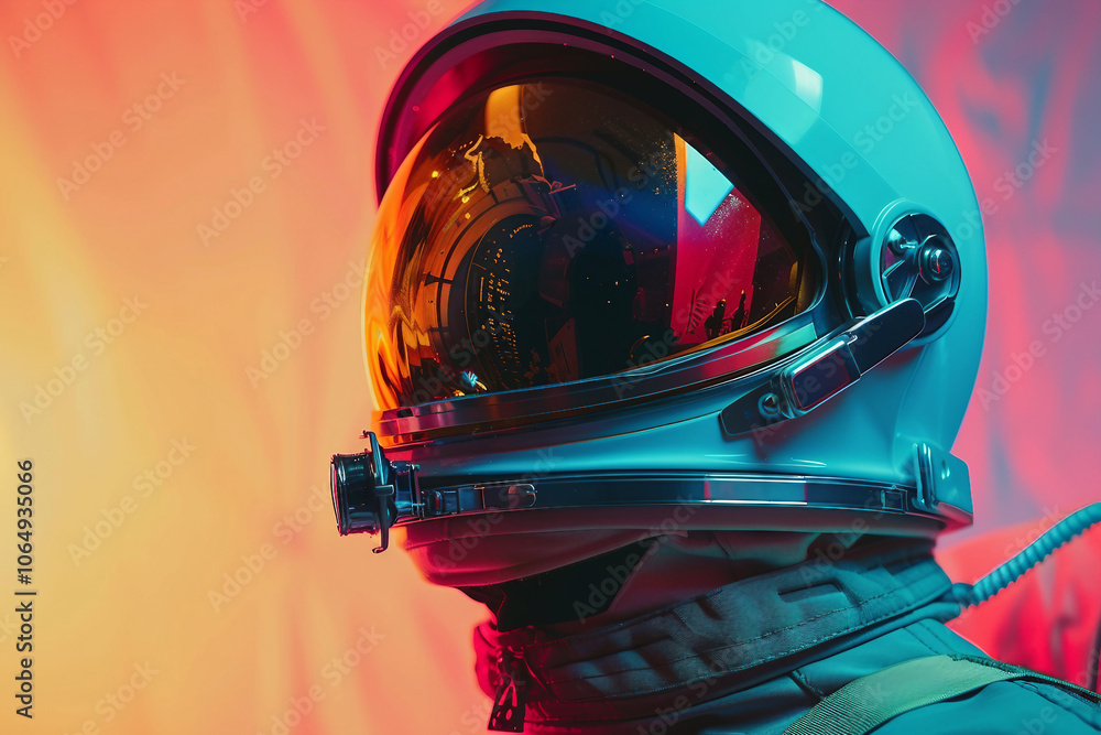 Fototapeta premium Glamorous astronaut in space with moon reflection on helmet, fantasy artwork in a pink cosmic retro scene, Generative AI