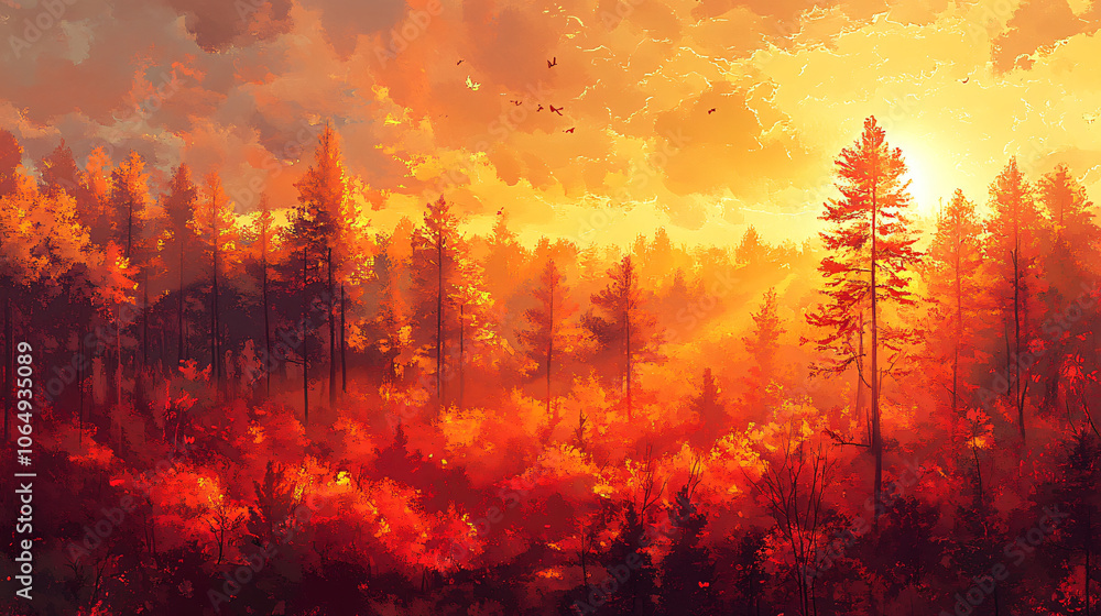 A magical sunset casting warm light on a forest filled with trees in shades of red, orange, and yellow. A magical sunset casting warm light on a forest filled with trees in shades of red, orange, and yellow.