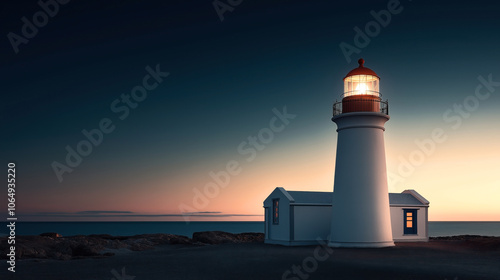 Illuminated lighthouse on rocky coastline at sunset with vibrant sky background and calm ocean horizon.