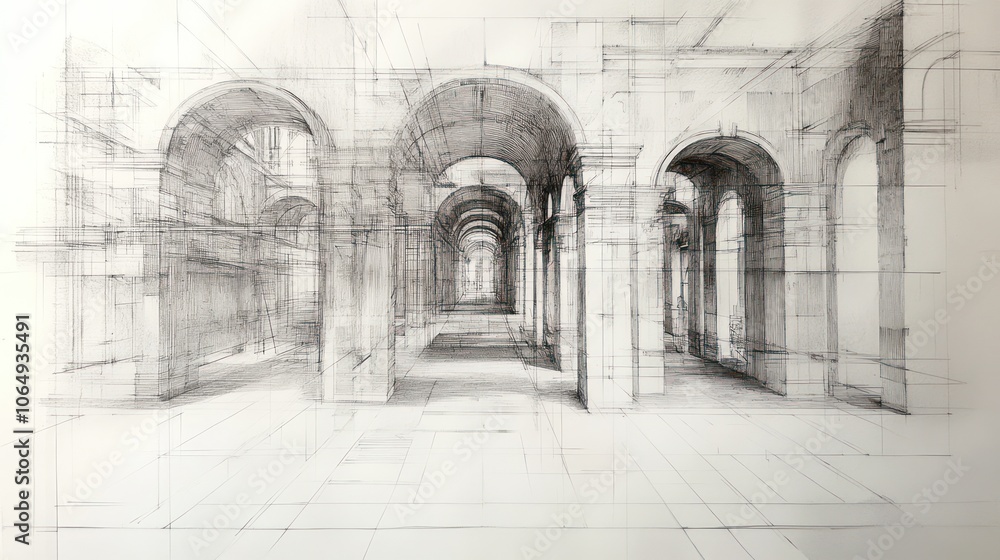 A detailed architectural sketch depicting a series of arches and columns in a spacious corridor. A detailed architectural sketch depicting a series of arches and columns in a spacious corridor.