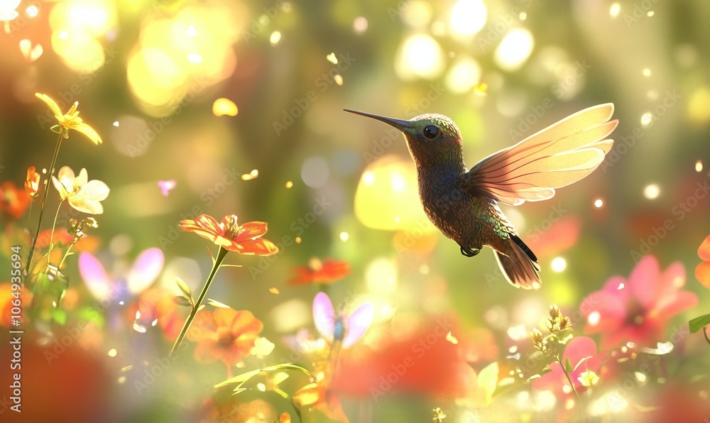 Obraz premium A whimsical, animated art style image of a close-up of a hummingbird hovering near bright flowers