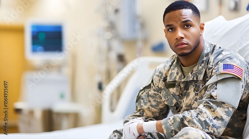 Soldier sitting on hospital bed, bandaged and determined, focused on recovery and resilience, amidst medical equipment	