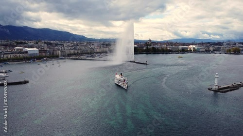 Aerial View Of Jet d'Eau de Geneve - Iconic Fountain By The Lake Geneva In Geneva, Switzerland.