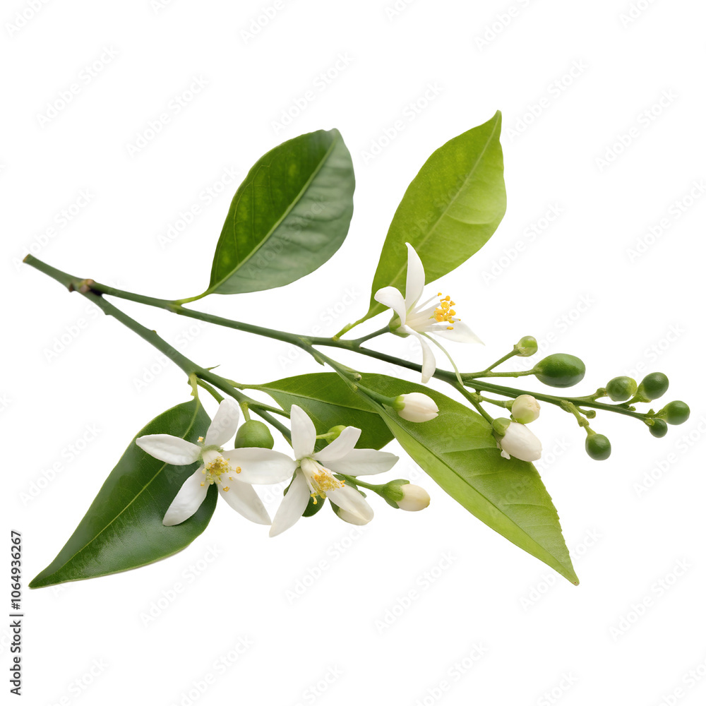 Obraz premium Orange Blossom Branch with White Flowers and Green Leaves On Transparent Background Cutout, PNG file, Cutout file