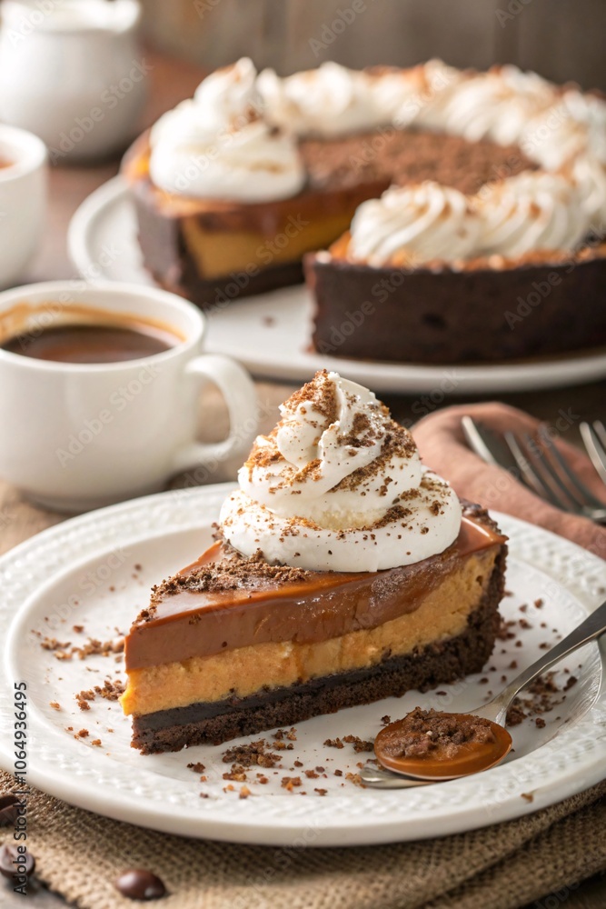 Layered Chocolate Caramel Pie, whipped cream, cinnamon, graham crust V7 Layered Chocolate Caramel Pie, whipped cream, cinnamon, graham crust V7