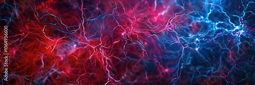 vibrant blue red complex web of energy and neurons background photo