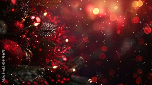 red christmas background with fir tree and defocused copy space photo