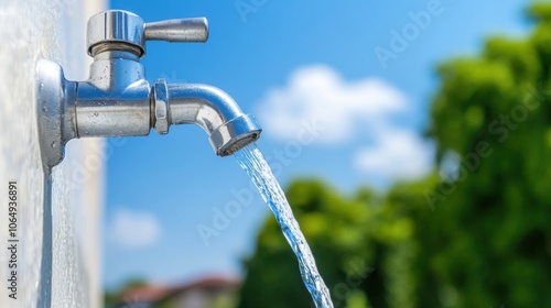 A silver faucet releases a steady stream of clear water under a bright blue sky. Lush green trees create a colorful backdrop, indicating a warm and sunny afternoon in a residential setting