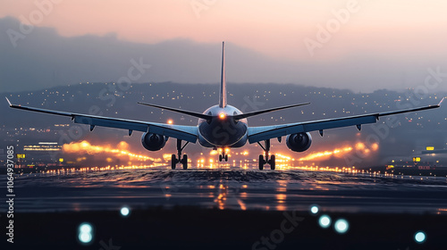 Commercial airplane on runway during takeoff at dawn, with runway lights illuminated and hilly landscape in the background, conveying aviation travel and transportation.