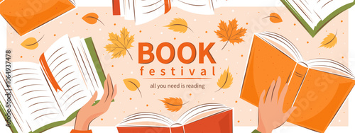 Book festival horizontal banner for bookstore, bookshop or library. Hands holding books with autumn bright leaves. Vector illustration for poster, cover, marketing, sale.