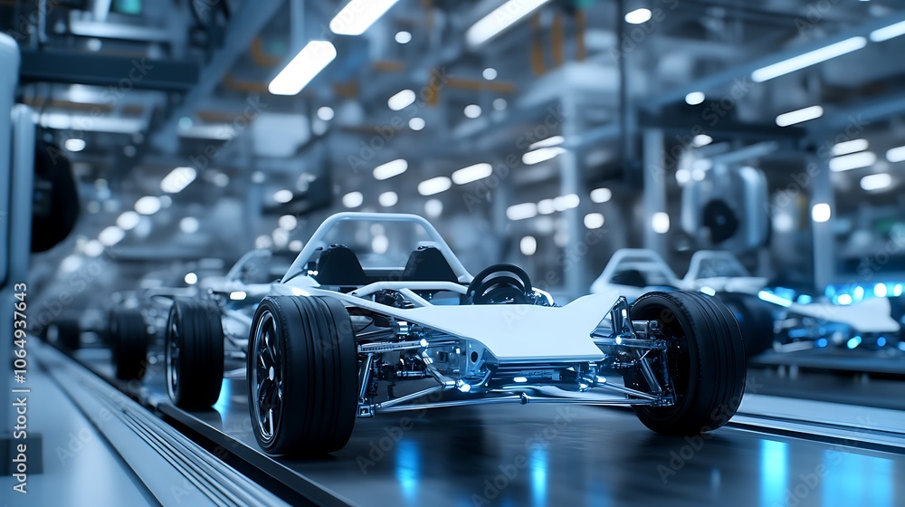 Fototapeta premium White Car Frames on the Assembly Line in a High-Tech Automotive Factory