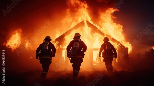 Three firefighters advance toward a burning house at night, courageously confronting the flames that engulf the structure, showcasing their dedication to saving lives photo