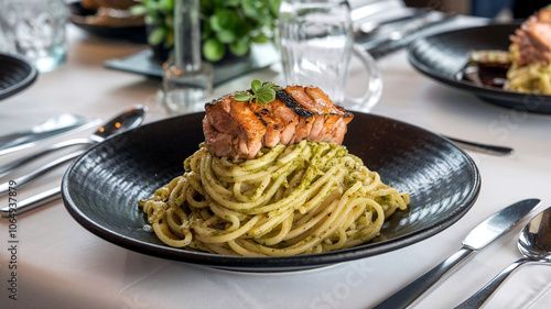 A plate of al dente pesto spaghetti topped with perfectly grilled unagi, set on a rustic wooden table in a cozy restaurant ambiance. 