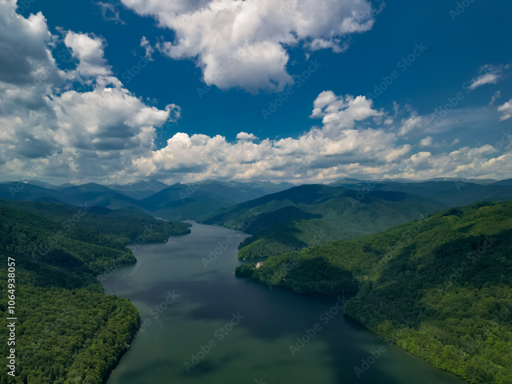 The Vidraru hydroelectric dam seen from the drone. Huge mountain lake at the edge off a big and wild forest in the summer season The Vidraru hydroelectric dam seen from the drone. Huge mountain lake at the edge off a big and wild forest in the summer season