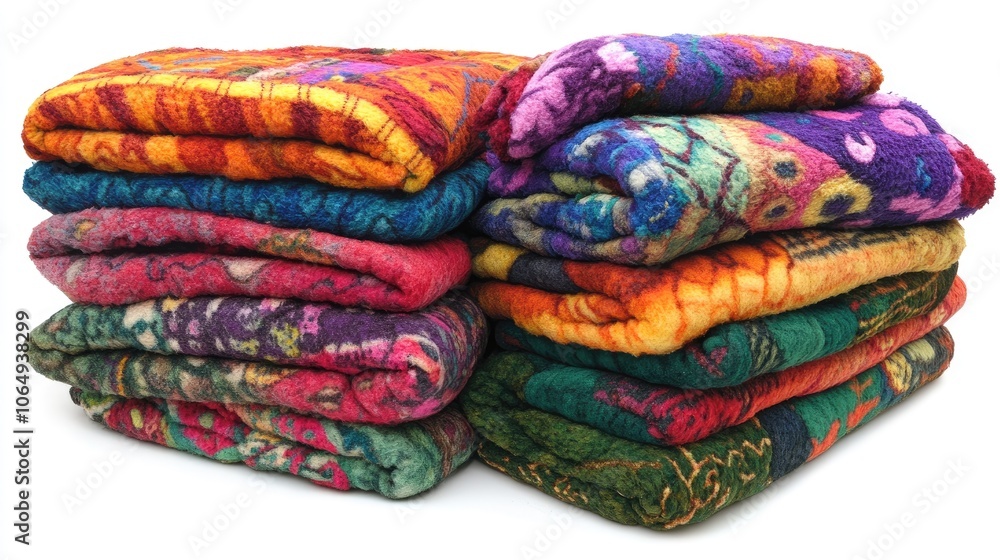 Colorful Stacked Blankets in Various Patterns and Textures Colorful Stacked Blankets in Various Patterns and Textures