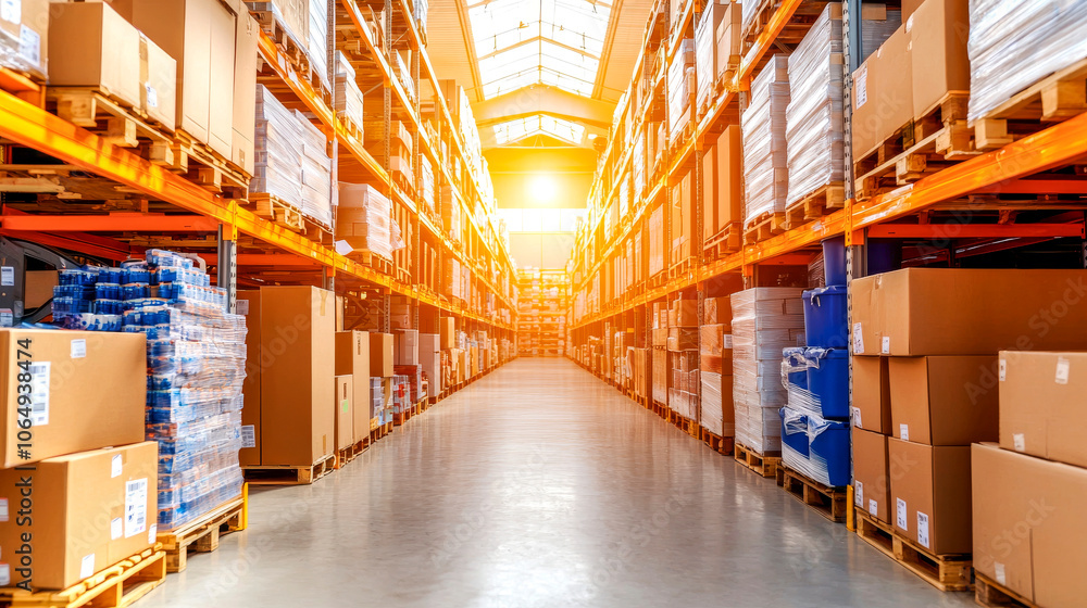 Warehouse Perspective: A wide-angle view of a bustling warehouse, rows of neatly stacked cardboard boxes line the shelves under the warm glow of the afternoon sun. Warehouse Perspective: A wide-angle view of a bustling warehouse, rows of neatly stacked cardboard boxes line the shelves under the warm glow of the afternoon sun.