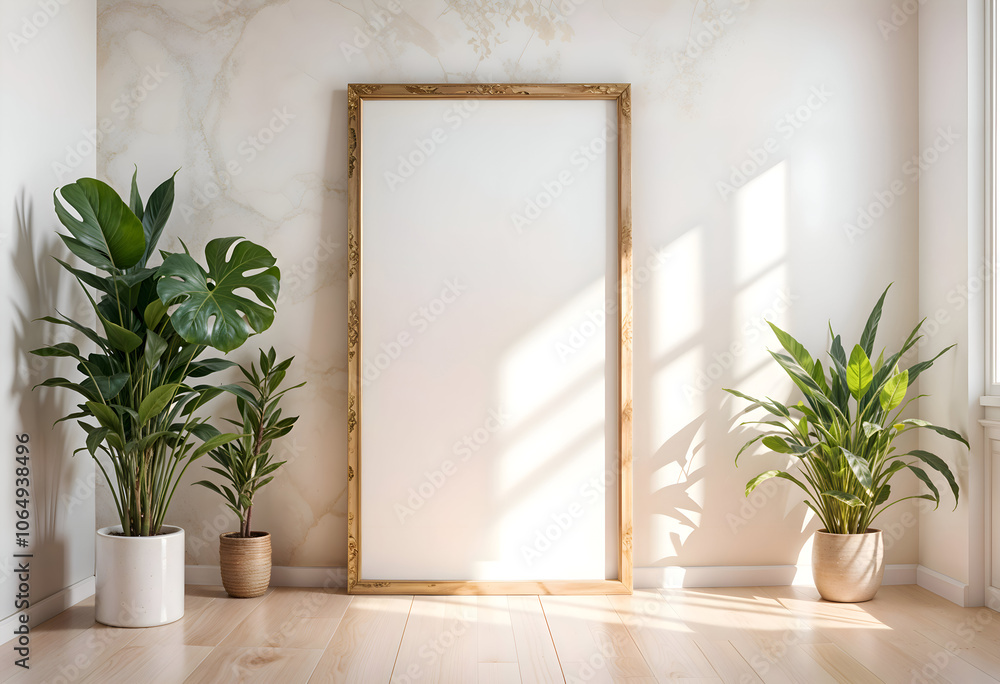 Mock up poster frame  in minimalist style interior background, template