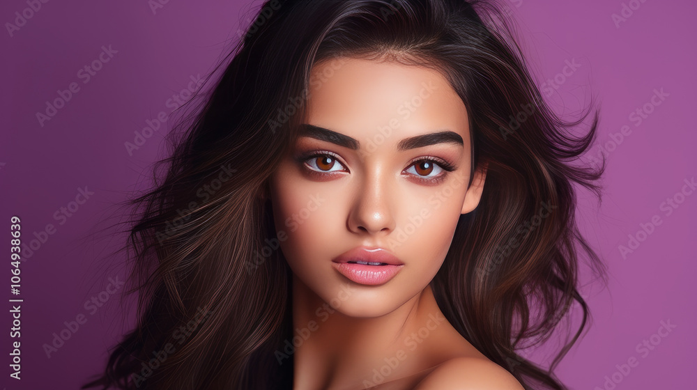 Naklejka premium Portrait of smiling latin american teenage girl with purple background.