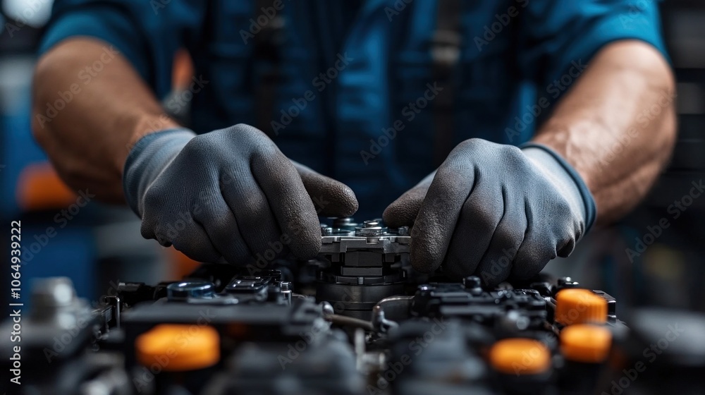A skilled mechanic diligently works on assembling engine components in a well-lit workshop, showcasing expertise and attention to detail as the afternoon light filters in