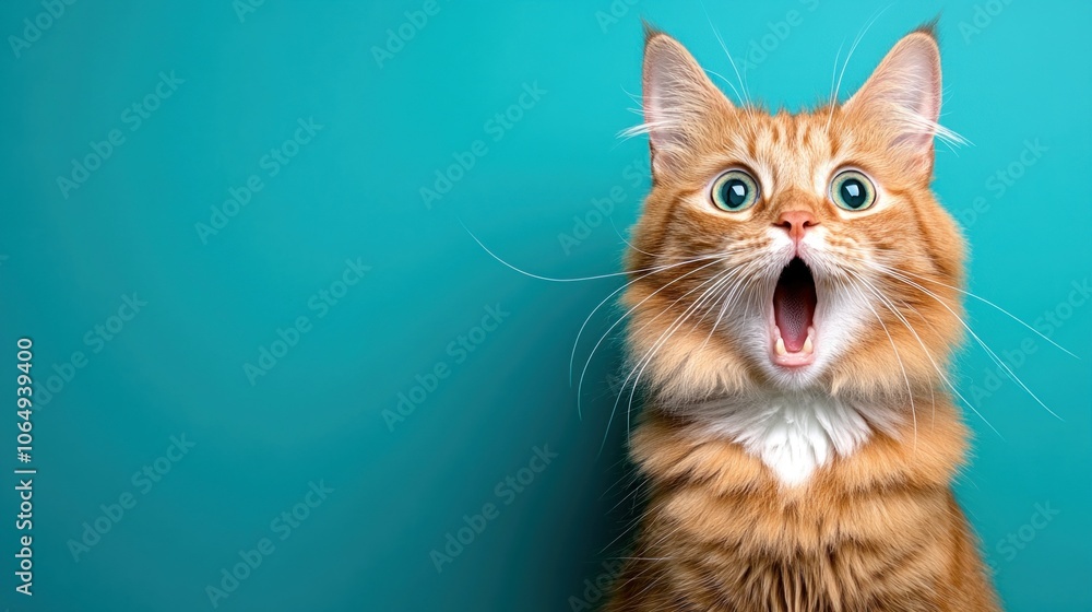 An orange tabby cat shows surprise, with wide eyes and an open mouth, as it sits against a bright turquoise backdrop, creating a playful atmosphere in the room An orange tabby cat shows surprise, with wide eyes and an open mouth, as it sits against a bright turquoise backdrop, creating a playful atmosphere in the room