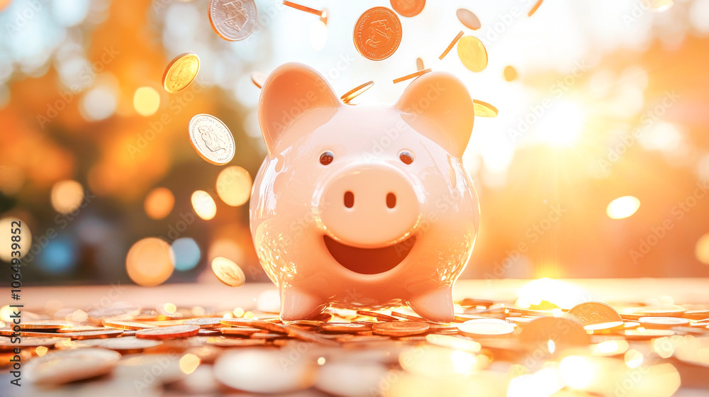 Piggy Bank Prosperity: A cheerful piggy bank surrounded by a shower of golden coins, bathed in warm sunlight, symbolizing financial growth and prosperity. Piggy Bank Prosperity: A cheerful piggy bank surrounded by a shower of golden coins, bathed in warm sunlight, symbolizing financial growth and prosperity.