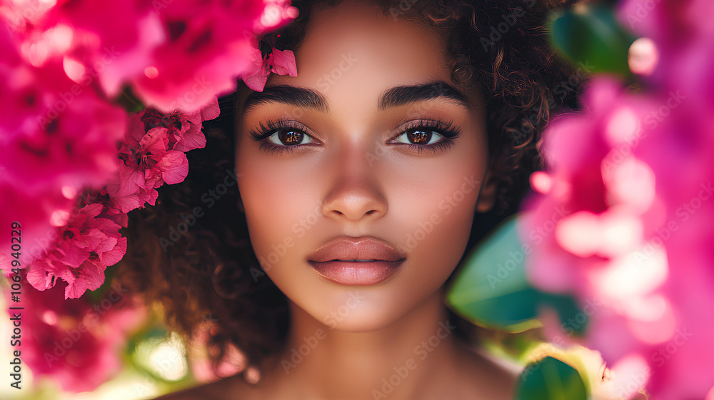Woman with brown hair and brown eyes is standing in front of a pink flower. She is wearing makeup and has a natural, relaxed expression on her face. The pink flowers surrounding her create a soft Woman with brown hair and brown eyes is standing in front of a pink flower. She is wearing makeup and has a natural, relaxed expression on her face. The pink flowers surrounding her create a soft