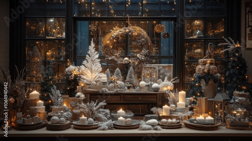 A display window filled with winter decor and New Year stock photo